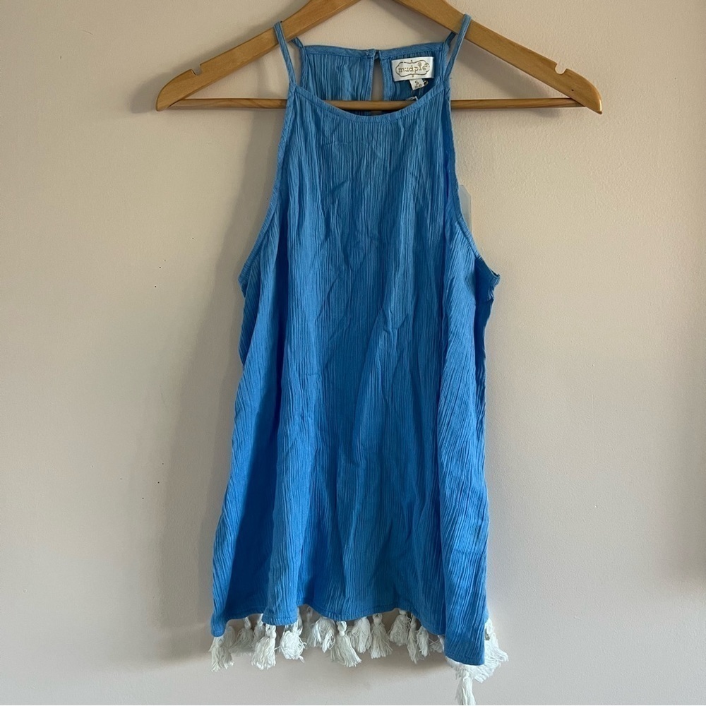 Mudpie | NWT Blue High Neck Tassel Blouse